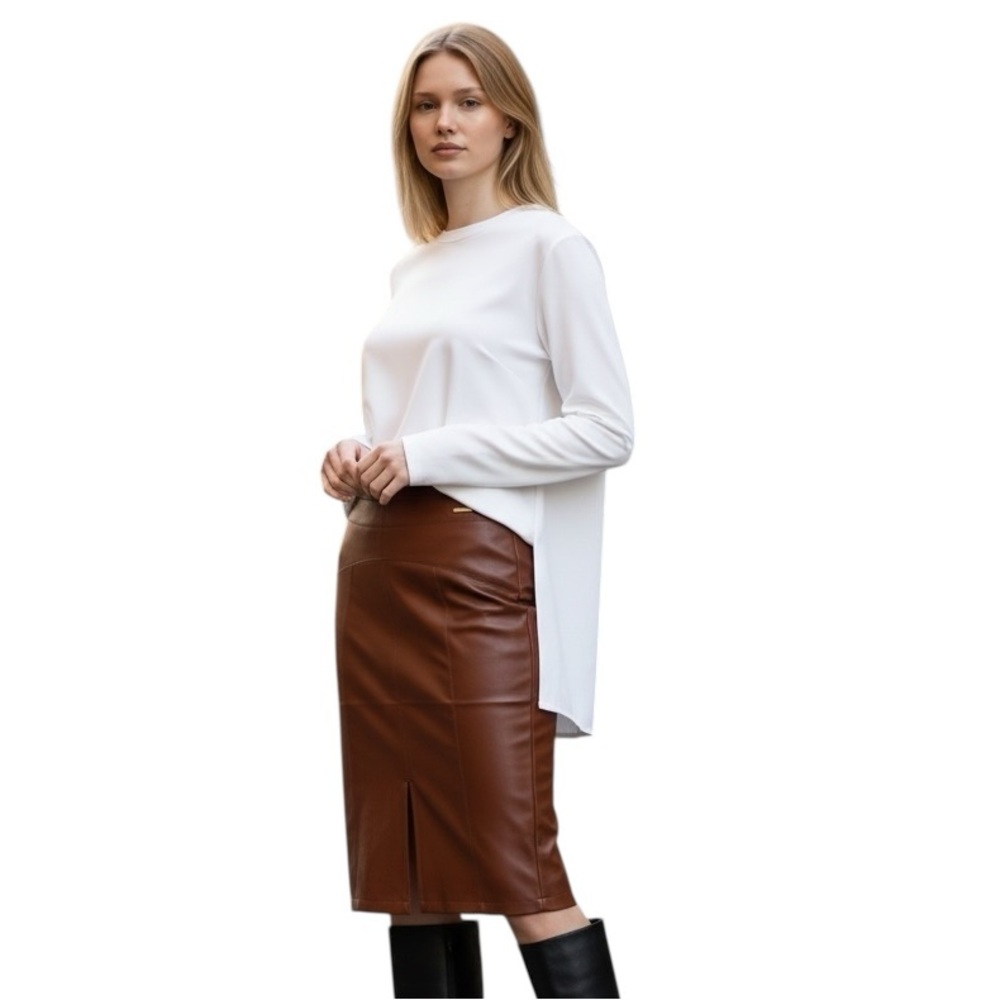 Marc New York Cognac Faux Leather Pencil Skirt NWT Medium Vegan Leather Midi